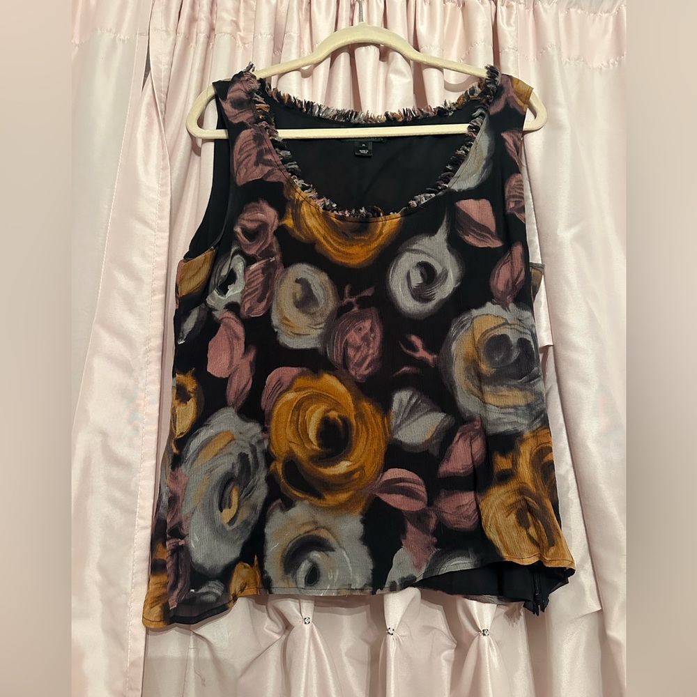 St. John silk chiffon top sleeveless blouse shell XL X large black floral